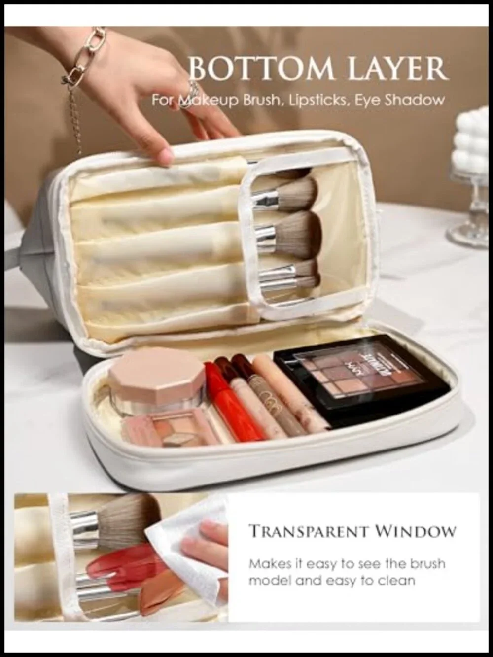Initial Double Layer PU Leather Cosmetic Bag with Brush Organizer Large